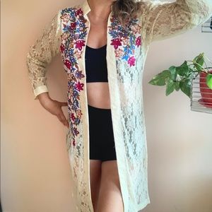 Vintage Colourful Lacey Floral Embellished Duster Size Medium